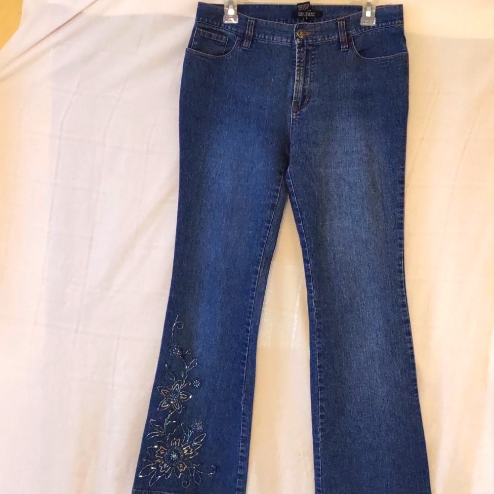 Beaded, Wide-Bell Jeans, Medium-Blue Sz 8, NWOT